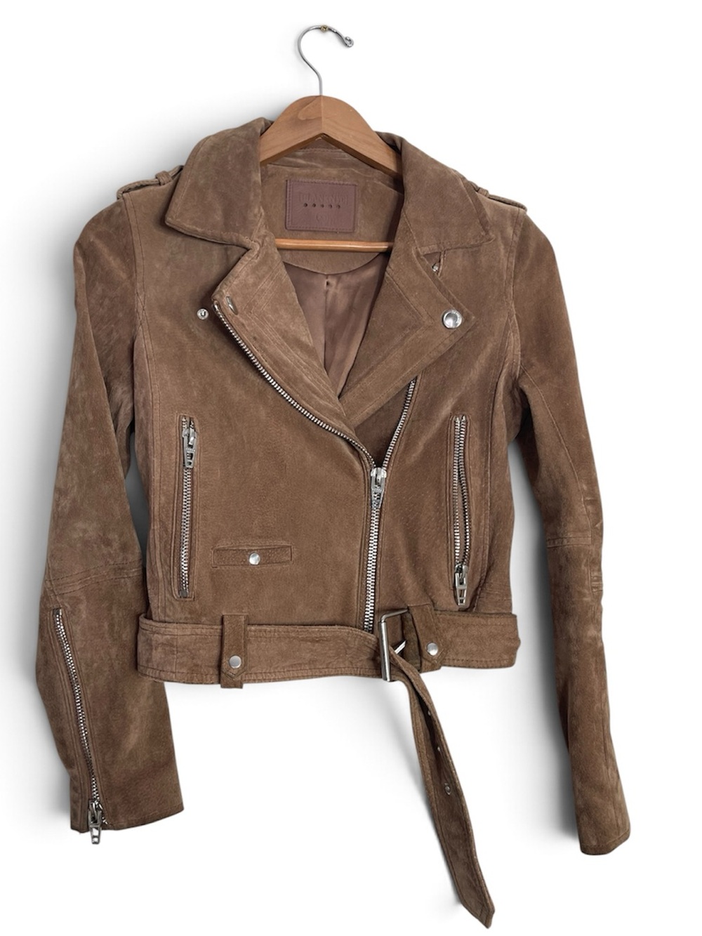 Blank NYC Taupe Brown Leather Suede Moto Jacket Bikercore Cropped Zip Buckle XS - Picture 2 of 10